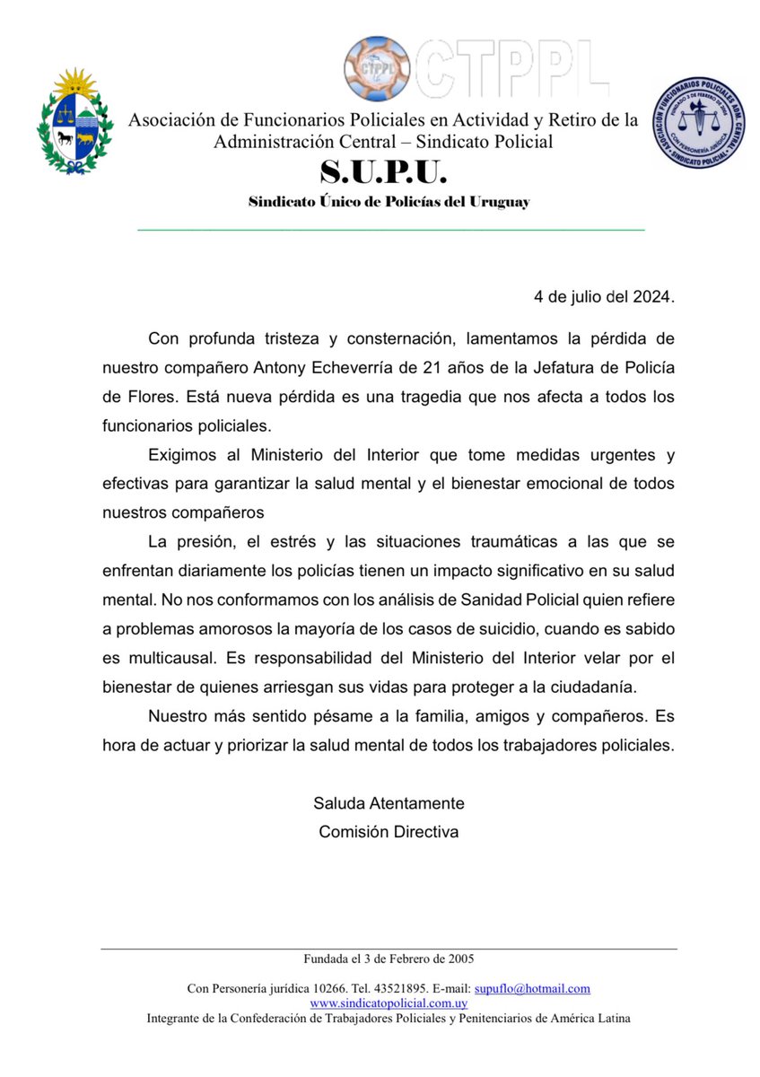 Nuevamente nos toca sufrir la pérdida de un compañero el décimo en lo que va de este años, con profundo dolor y tristeza, lamentamos la pérdida de nuestro compañero Antony Echeverría de 21 años de la Jefatura  de Policía de Flores.