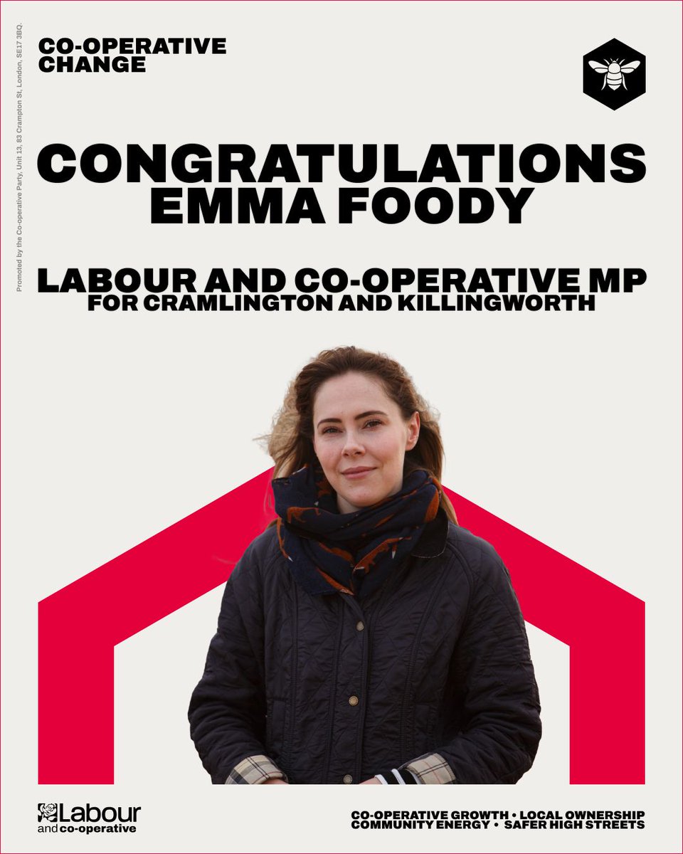 CoopParty's tweet photo. LABOUR AND CO-OPERATIVE GAIN IN CRAMLINGTON AND KILLINGWORTH! 🐝🌹

Congratulations to @efoody on being elected as the @UKLabour &amp; @CoopParty MP for Cramlington and Killingworth! #GE2024 https://t.co/W7JRdvJq8U