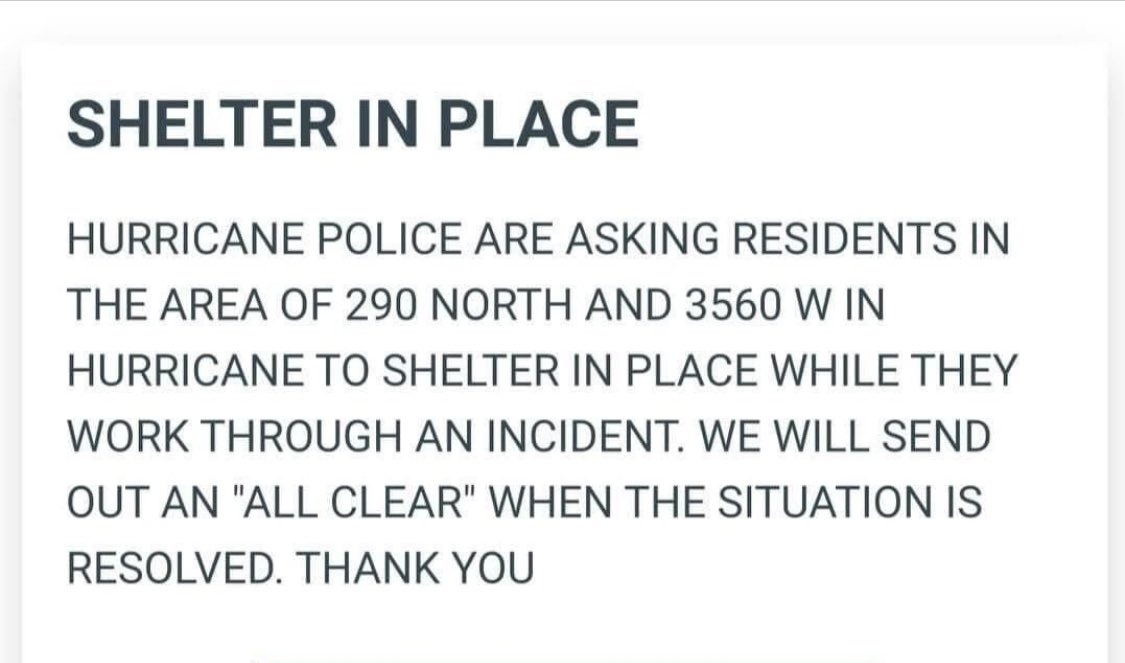 SLCScanner's tweet photo. #Breaking Area 290 N 3560 W #Hurricane #Utah. A #Reverse911 for the area above has been sent out by #HurricanePolice to #ShelterInPlace. Not many details were given but scanner details advise at 1613/4:13 PM, A male was in an open garage with a rifle. He and his dog are the only ones at the residence. At approx 1709/5:09 PM Officer reported #ShotsFired by the male and the males dog was down. The male closed the garage and went inside. #SWAT is on scene as well as #DPS #Star8 trying to end this peacefully.