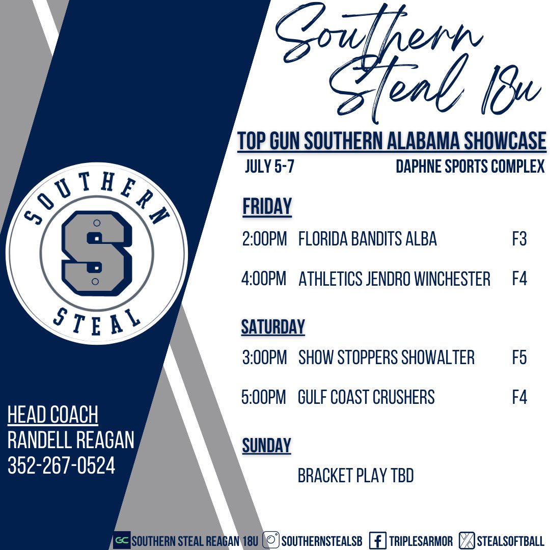 Showcase is finally coming to Daphne Alabama, my home town! Top gun Showcase! <a href="/sbcoach_scottie/">Scottie Wilkes</a> <a href="/defo25/">Stephanie DeFeo</a> <a href="/GCMSportsAL/">Gulf Coast Media Sports</a> <a href="/CoachCP15/">Caroline Powell</a> <a href="/DSC_SBall/">Daytona State Softball</a> <a href="/katelyn_gruich/">Katelyn Gruich</a> <a href="/SallieB34/">Sallie Beth Burch</a> <a href="/ob_burns/">Olivia Burns</a> <a href="/ClarkGSCC/">Ryan Clark</a> <a href="/chipolasoftball/">Chipola Softball</a> <a href="/carsonowens12/">Carson O.</a> <a href="/ChrisSteiner20/">chris steiner-leak</a> <a href="/stealsoftball/">Southern Steal Softball</a> <a href="/SoftballDaphne1/">Daphne Softball</a> <a href="/RReagan85/">Randall Reagan</a>