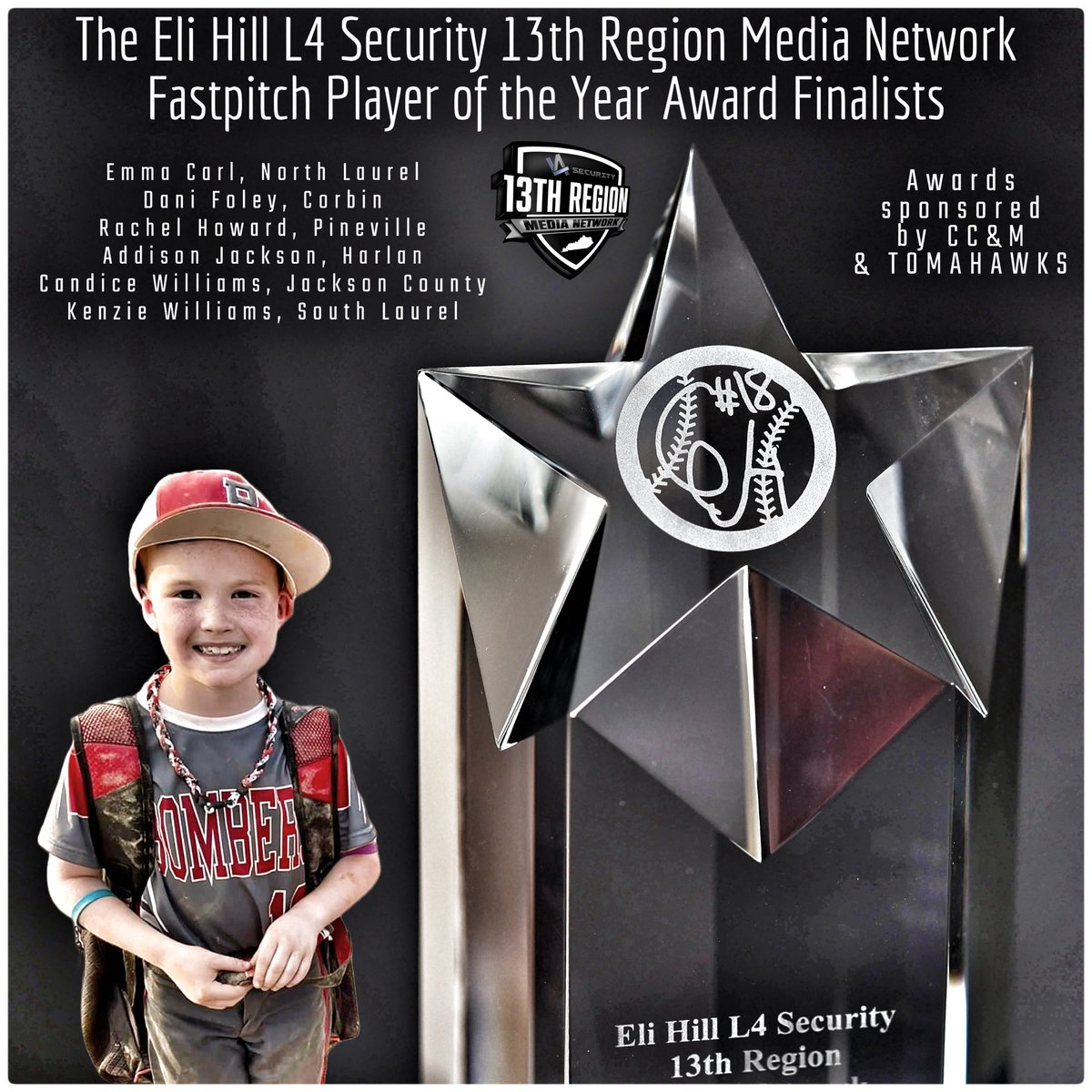 The Eli Hill L4 Security 13th Region Media Network Fastpitch Player of the Year Award Finalists

Emma Carl, North Laurel
Dani Foley, Corbin
Rachel Howard, Pineville
Addison Jackson, Harlan
Candice Williams, Jackson County
Kenzie Williams, South Laurel