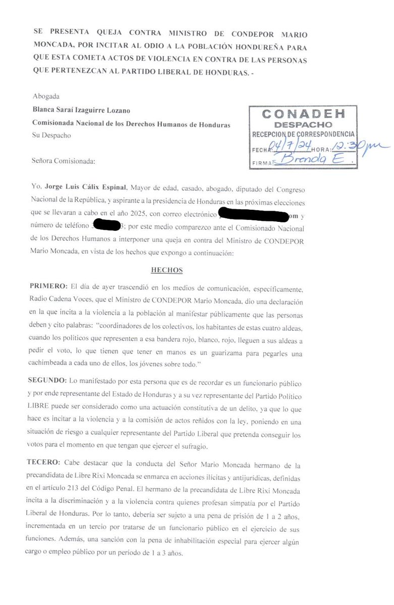 RCVHonduras's tweet image. 🚨ÚLTIMA HORA🚨 Diputado Jorge Cálix presenta una #denuncia ante el #Conadeh contra el hermano de #RixiMoncada, Mario Moncada, por incitar al odio. #RCVNoticias