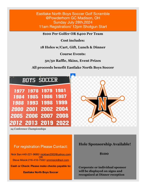 Eastlake North Boys Soccer Golf Outing, Sunday July 28 @ Powderhorn!

Openings still available for golfers &amp; Hole sponsors, deadline is July 21!

Please help us raise funds for the program!