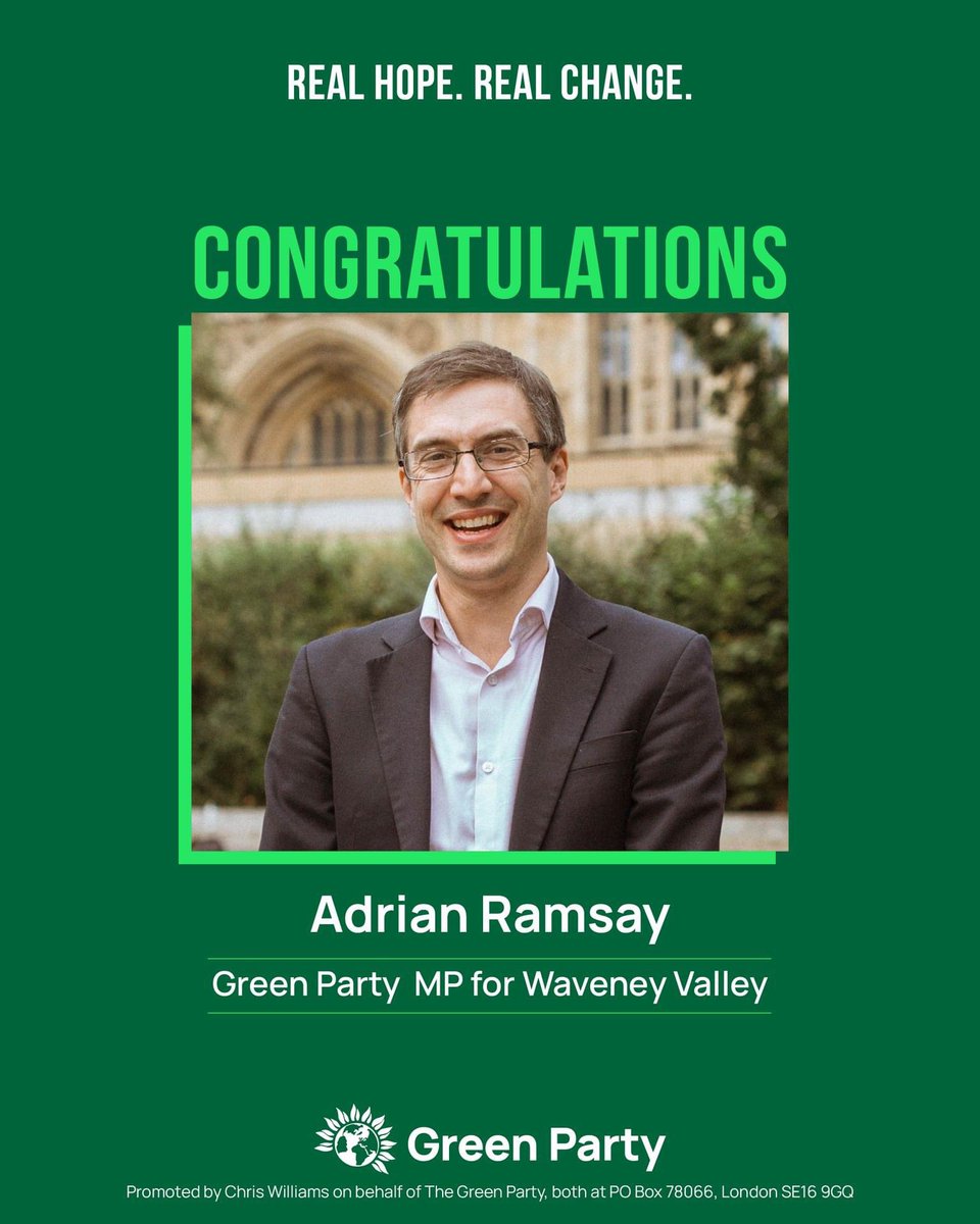 Annette Dunning π (@netdunning) on Twitter photo So we have done it!
We have our first Green MP ever in East Anglia. <a href="/Adrian4WV/">Adrian Ramsay MP for Waveney Valley</a>
Told you history would be made in #Halesworth
Our MP is Green
Our County Cllr is Green
Our District Cllrs are Green.
Congratulations π So we have done it!
We have our first Green MP ever in East Anglia. <a href="/Adrian4WV/">Adrian Ramsay MP for Waveney Valley</a>
Told you history would be made in #Halesworth
Our MP is Green
Our County Cllr is Green
Our District Cllrs are Green.
Congratulations π