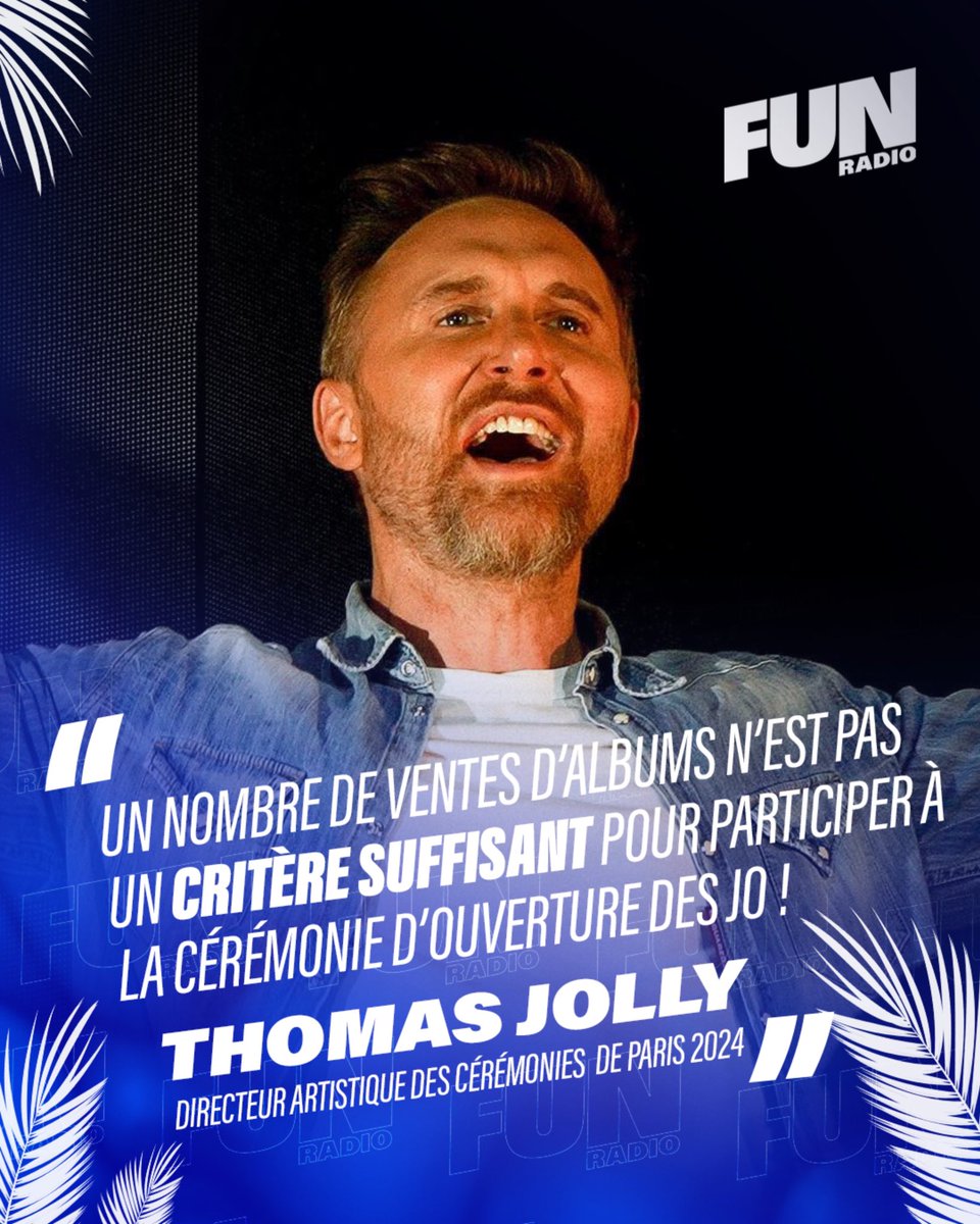 funradio_fr's tweet photo. Il y a quelques jours, David Guetta confiait son étonnement de ne pas avoir été approché par le comité des Jeux Olympiques pour l’ouverture des Jeux. Un message qui n’est pas resté inaperçu ! 😱 Le directeur artistique des JO répond :

« Un nombre de ventes d’albums n’est pas un critère suffisant pour participer à la cérémonie d’ouverture des JO de Paris. […] Je n’ai rien contre David Guetta. Je ne suis pas là pour donner mes goûts. Et David Guetta, tout simplement, ce qu’il développe comme art n’était pas en relation avec ce que nous voulons raconter ».

La boucle semble donc être bouclée : David Guetta aux Jeux Olympiques, peut-être un jour, mais pas cette année ! 👊