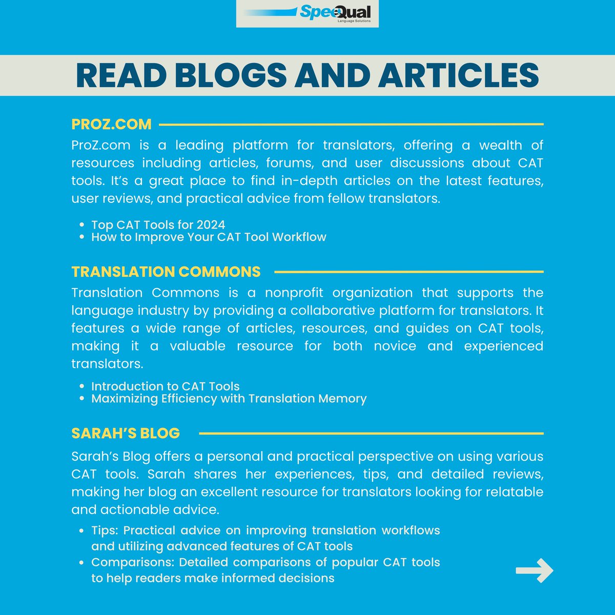 SpeeQual_MY's tweet image. 3. Blogs and Websites:
Stay updated with the latest in CAT tools through ProZ.com, Translation Commons, and Sarah’s Blog. Insights and tips galore! 📝 #TranslationBlogs #LanguageServices