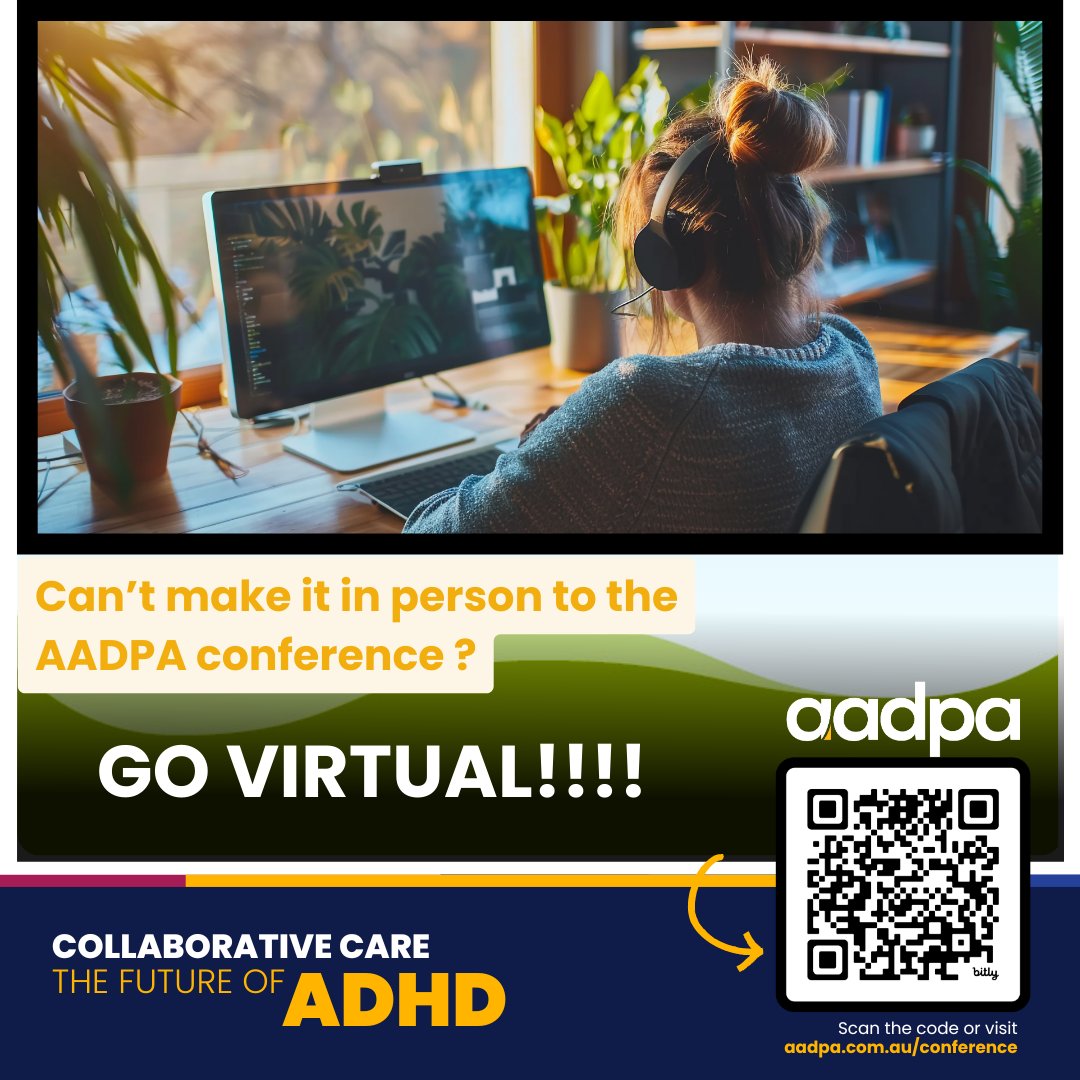 GO VIRTUAL!!! Can't attend our conference in person! Attend virtually through CVENT, scan the QR code, or log on to our website to find out how!
Register virtually now: 
aadpa.com.au/2024-annual-ad…
#aadpacon24
#aadpaadhd24
#adhd2024
#CollaborativeCare