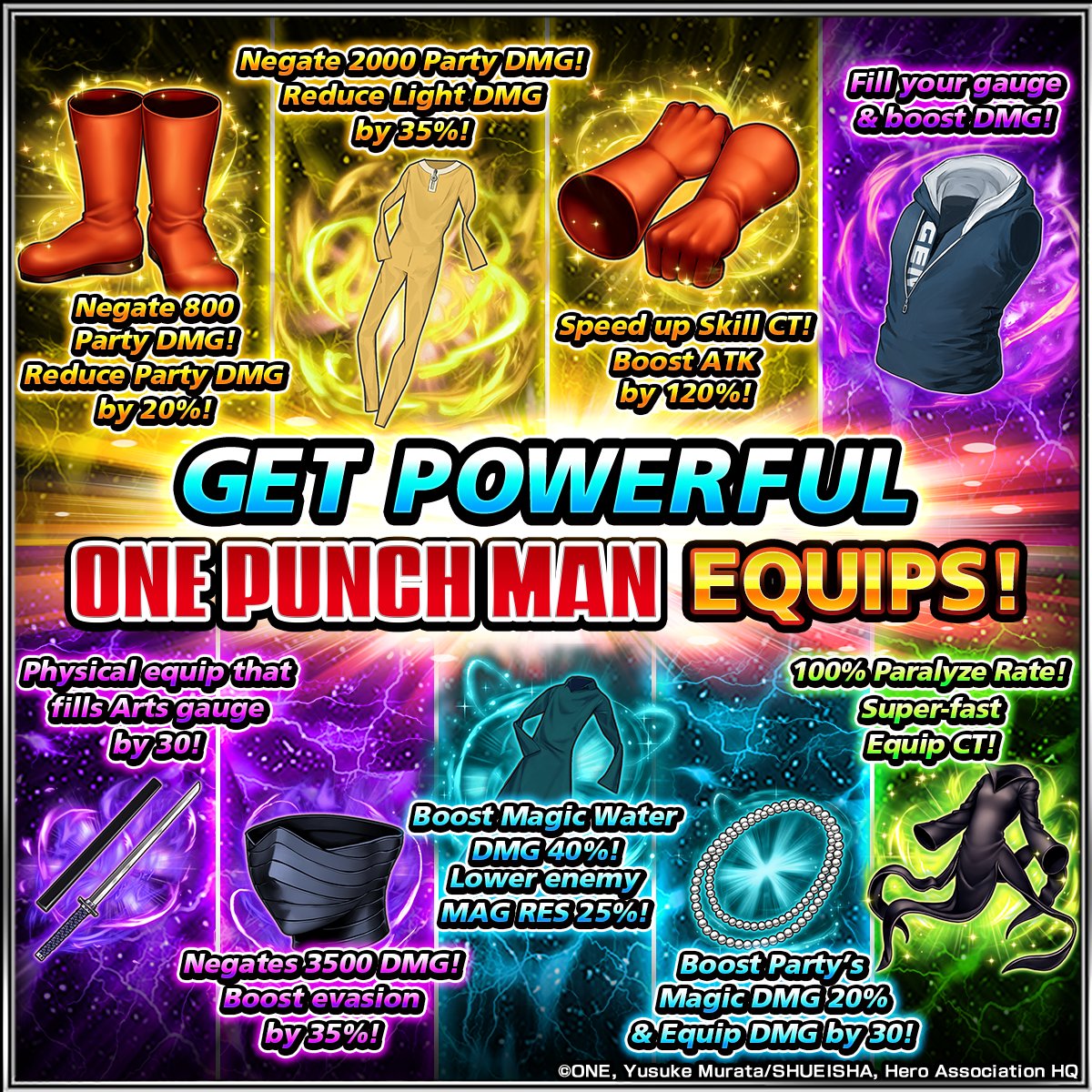 Some heroic Equips straight from the One Punch Man anime are available to  Summon for a limited time! ⚔️ They include Genos' Vest, which provides a  nice DMG boost along with a, image size:1200x1200