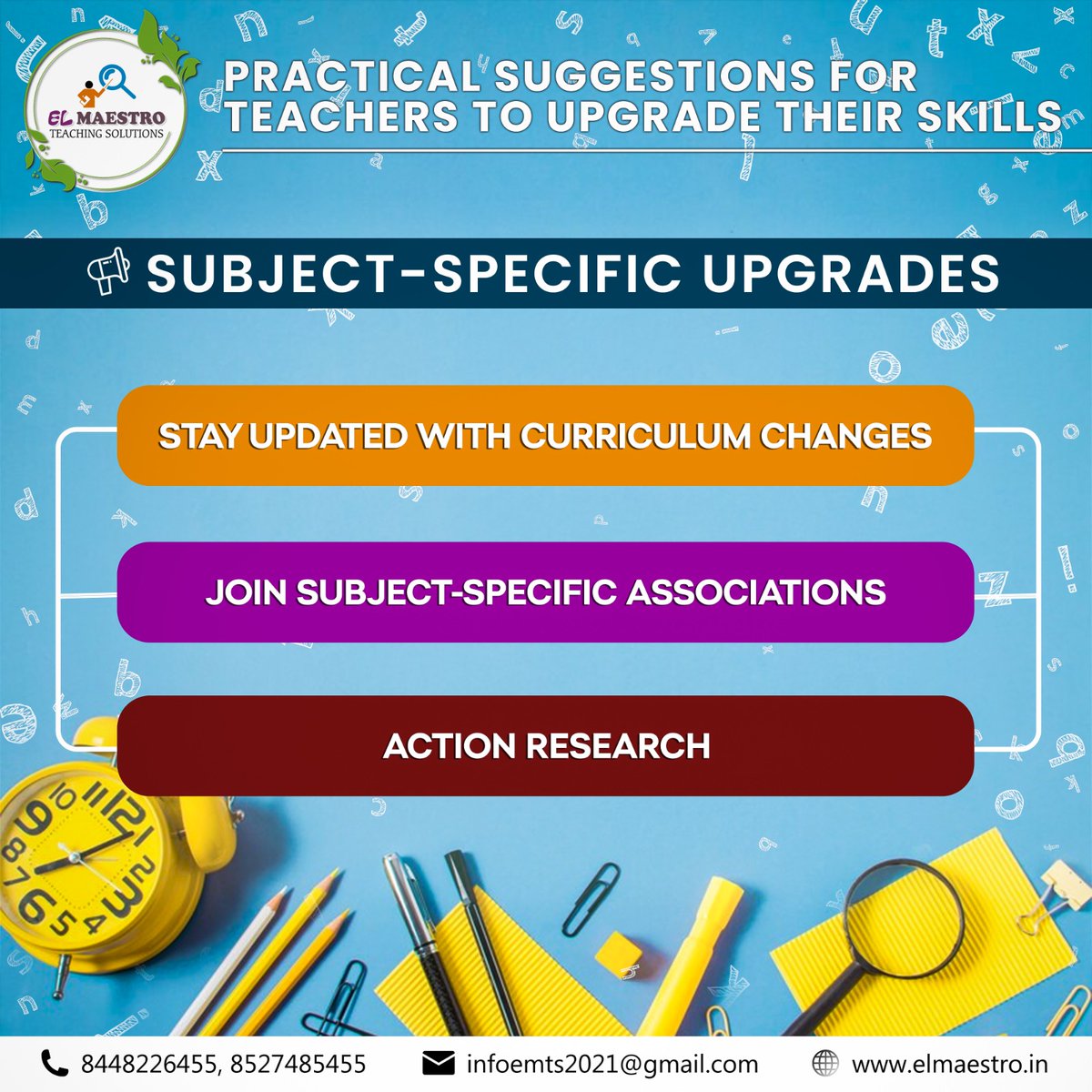 TeachingEl's tweet image. EL MAESTRO TEACHING SOLUTIONS: Practical Suggestions for Teachers to Upgrade Their Skills
Subject-Specific Upgrades | Stay Updated with Curriculum Changes | Join Subject-Specific Associations | Action Research

#ElMaestroTeachingSolutions #TeacherTraining