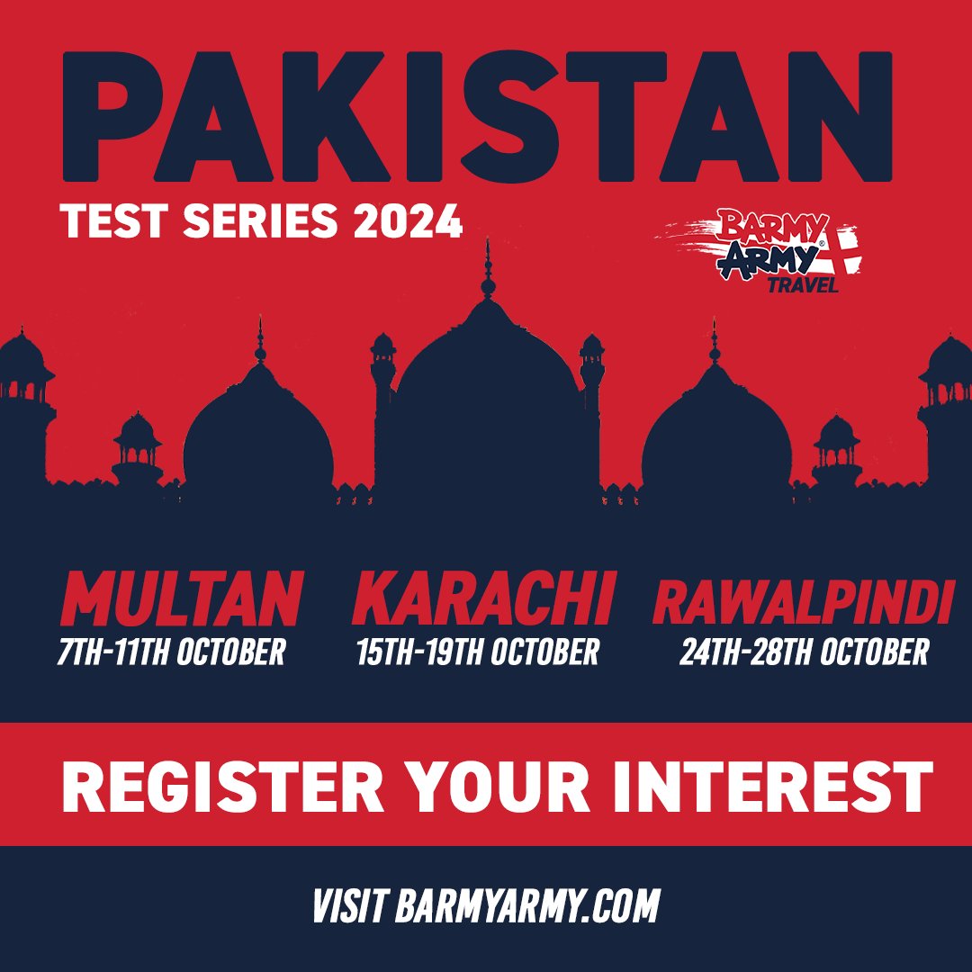 TheBarmyArmy's tweet photo. 𝗜𝗖𝗬𝗠𝗜: The schedule for England's three-Test tour of Pakistan has been set 🇵🇰

✅ First Test: 7-11 Oct, Multan 
✅ Second Test: 15-19 Oct, Karachi 
✅ Third Test: 24-28 Oct, Rawalpindi 

Register your interest for the Tour ⬇️