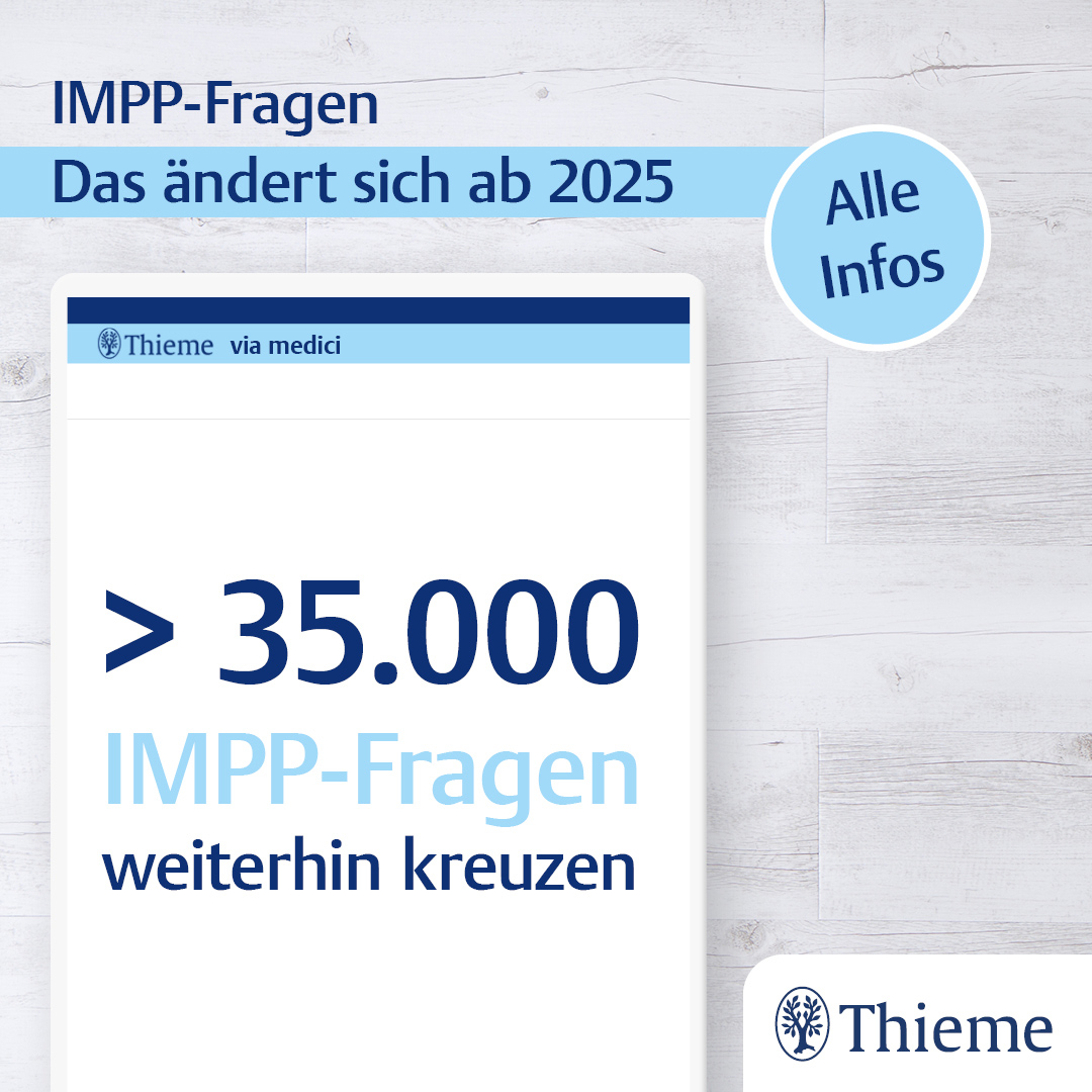 ThiemeGruppe's tweet image. ❗ Ab 2025 wird das  Institut für Medizinische und Pharmazeutische Prüfungsfragen (IMPP) keine Examensfragen mehr veröffentlichen. Was jetzt wichtig ist, erfährst du hier 👉 viamedici-testen.thieme.de/impp-fragen/ #Medizinstudium #Medizin #IMPP #ThiemeIstBeiDir 💙