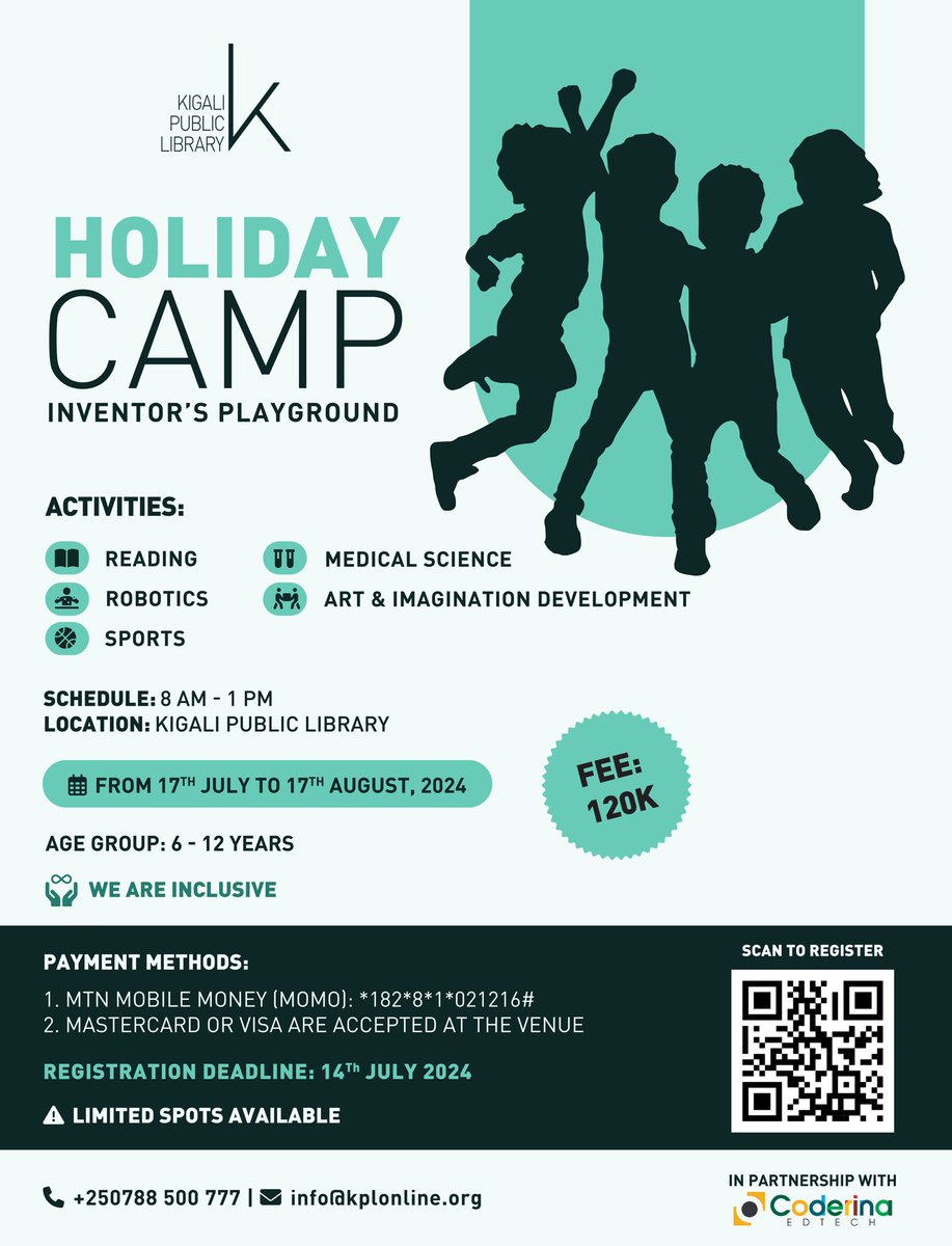 KigaliLibrary's tweet image. Exciting News for Parents! Our Holiday Camp is here! Give your 6-12 year olds an unforgettable experience with reading adventures, artistic explorations, robotics fun, and sports like golf! 📚🎨🤖⛳️

🌟 Register now: t.ly/If2KM 

#KPLSummerCamp #LearningAndFun