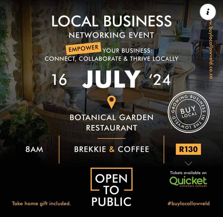 tk_po_'s tweet photo. "Local Business Networking Event," 
📅 Date: 16 July 2024
⏰ Time: 08:00 to 10:00
📍 Venue: Botanical Garden Restaurant
💸 Ticket Price: R130 per person

Your ticket includes a delicious breakfast, coffee and a take-home gift.

BOOK YOUR SPOT HERE: https://t.co/iDah3YlpkQ https://t.co/LVuaF2dw4F