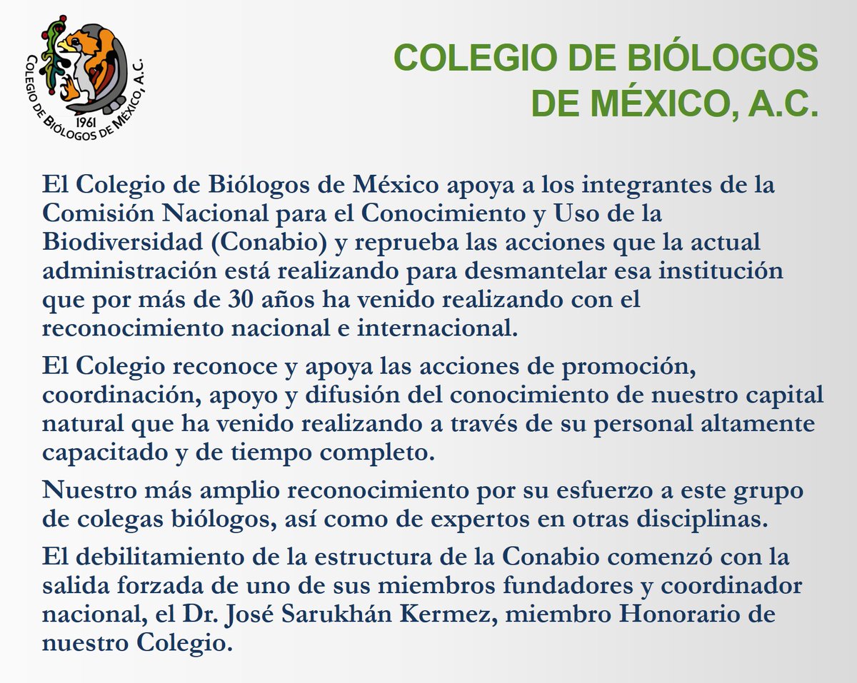 El #ColegiodeBiólogosdeMéxico reconoce el trabajo del grupo de colegas biólogos y de expertos en otras disciplinas que laboran en la @Conabio y reprueba la destitución de personal de gran experiencia (<a href="/LaChica_Mota/">Ivette Mota</a>) que resulta en el debilitamiento de esa Comisión
#ResisteCONABIO