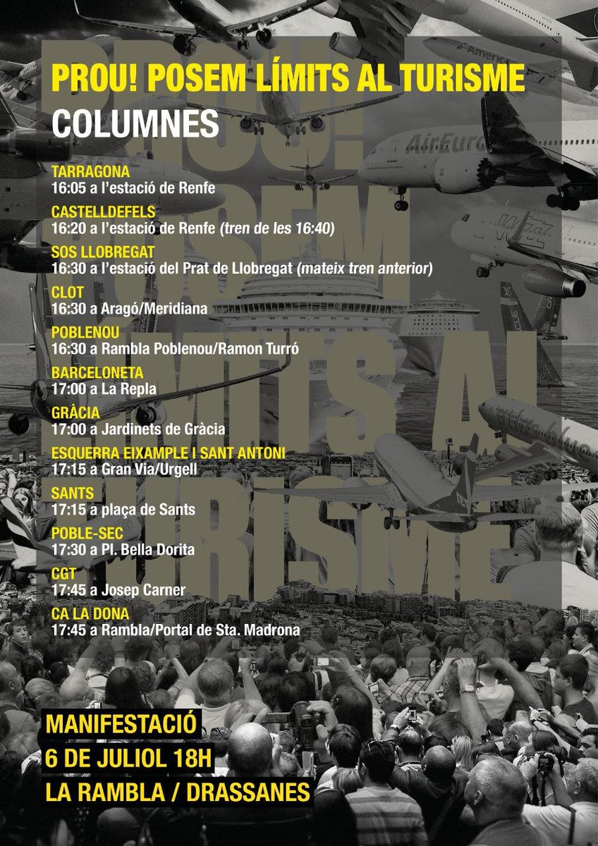 #PosemLímitsAlTurisme
Demà 6 Juliol 
⏰ 18h 
📌La Rambla -Drassanes

Fem COLUMNES dsd tots els barris, cerca la teva

A #Sants
17:15h a Pl. Sants