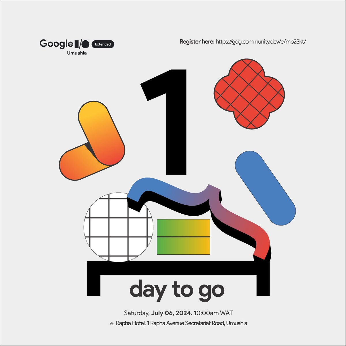 GDGUmuahia's tweet photo. Good morning guys!😌

The wait is almost over. Tomorrow is the big day. Google I/O Extended is just a day away.🤭

Join us for an exciting day filled with inspiring tech talks and networking opportunities.

📅 6th July, 2024_
📍 Rapha Hotels, 1 Rapha Ave Secretariat Rd, Umuahia https://t.co/84akIEy7wh