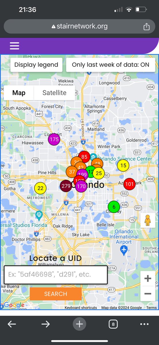 BallerKS's tweet photo. My annual downer post about air quality on the Fourth of July. Current PM2.5 readings in Orlando via @UCF and @citybeautiful STAIR network: https://t.co/Vm1YkH33so. Lots of unhealthy, very unhealthy, and some hazardous readings out there. https://t.co/mWCgsrTxpq