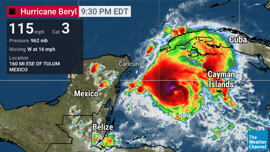 BREAKING: Hurricane #Beryl has restrengthened into a Category 3 major hurricane, hours before its expected landfall on the Yucatán Peninsula.