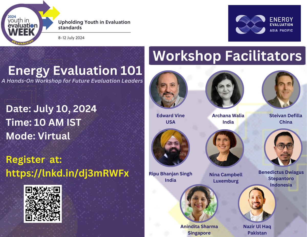 We are excited to introduce the dynamic team leading our upcoming Energy Evaluation 101 Workshop. These industry experts bring a wealth of knowledge and experience, ensuring an enriching learning journey for all participants. To register: lnkd.in/dj3mRWFx
#Eval4Action