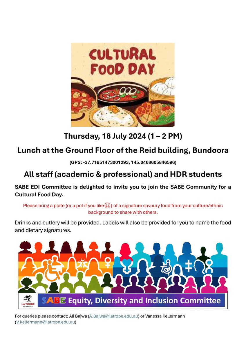 Ali Bajwa (@a1bajwa) on Twitter photo All <a href="/SABE_latrobe/">La Trobe Agriculture, Biomedicine & Environment</a> staff and students, please come and join us for a #Cultural_Food_Day at Bundoora Campus. Don’t forget to bring a yummy dish representing your culture or tradition 😀
#SABE_EDI <a href="/latrobe/">La Trobe University</a> <a href="/LIMSLTU/">La Trobe Institute for Molecular Science</a> All <a href="/SABE_latrobe/">La Trobe Agriculture, Biomedicine & Environment</a> staff and students, please come and join us for a #Cultural_Food_Day at Bundoora Campus. Don’t forget to bring a yummy dish representing your culture or tradition 😀
#SABE_EDI <a href="/latrobe/">La Trobe University</a> <a href="/LIMSLTU/">La Trobe Institute for Molecular Science</a>