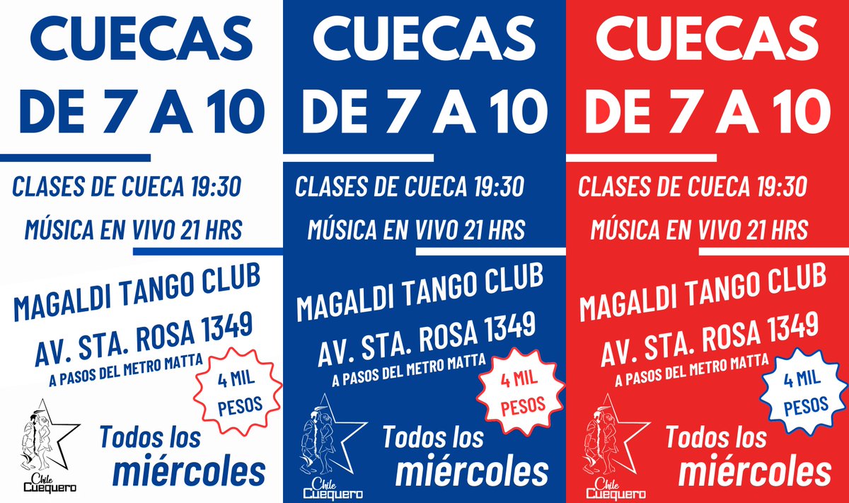 ¡No te pierdas nuestras clases de cueca con música en vivo! Todos los miércoles de 7 a 10 en Magaldi Tango Club, Santa Rosa 1349. ¡Que no llegue septiembre y no sepas bailar cueca! Únete, consulta, reserva tu cupo por solo 4 mil pesos.
<a href="/vyvcueca/">Voy y Vuelvo</a> <a href="/casadelacueca/">Casa de la Cueca</a> <a href="/Cuecapp/">Cuecapp</a>