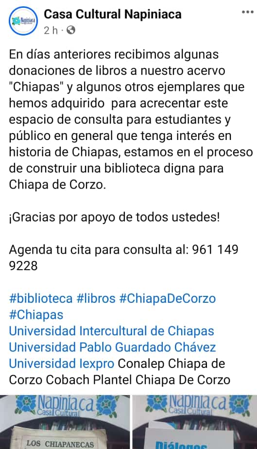 Dialogosconlaes's tweet photo. ¡Muchas gracias a Casa Cultural Napiniaca por acoger Diálogos con la escritura en su biblioteca! 
#Chiapas #Mexico 
#Chiapadecorzo 
@Avanteditorial https://t.co/zxs0FkgJCn