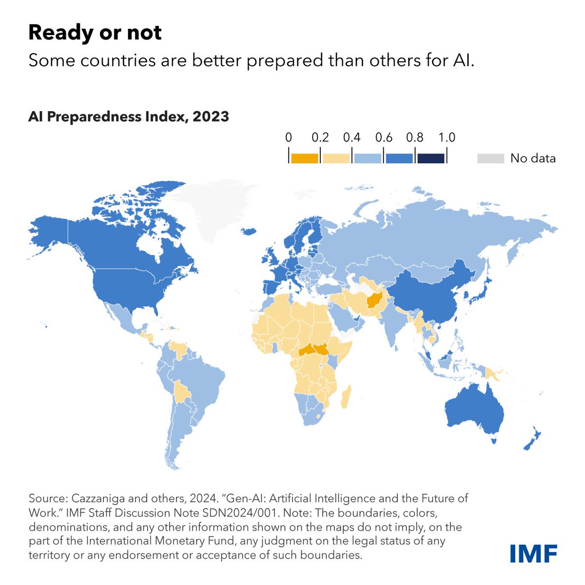Our new AI Preparedness Index ranks 174 economies based on digital infrastructure, human capital, labor policies, innovation, integration and regulation. imf.org/en/Blogs/Artic…