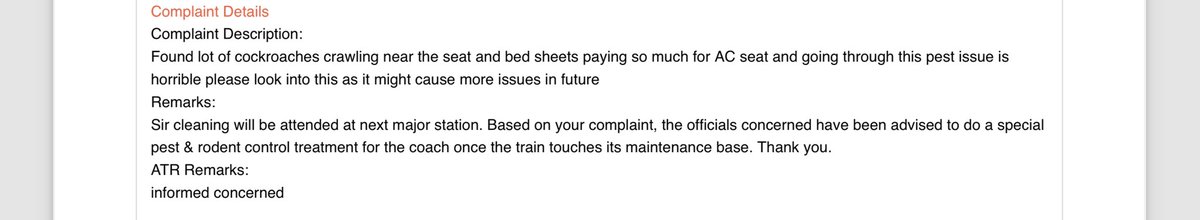 Happyashu123's tweet photo. @railcomplaint I had raised a issue on cockroaches in the coach it was literally in our bed sheets and crawling everywhere for which I got a status update as attached 
No resolution was provided the cockroaches kept crawling whole night felt pest activity not done right https://t.co/hhV1pBb7Jg