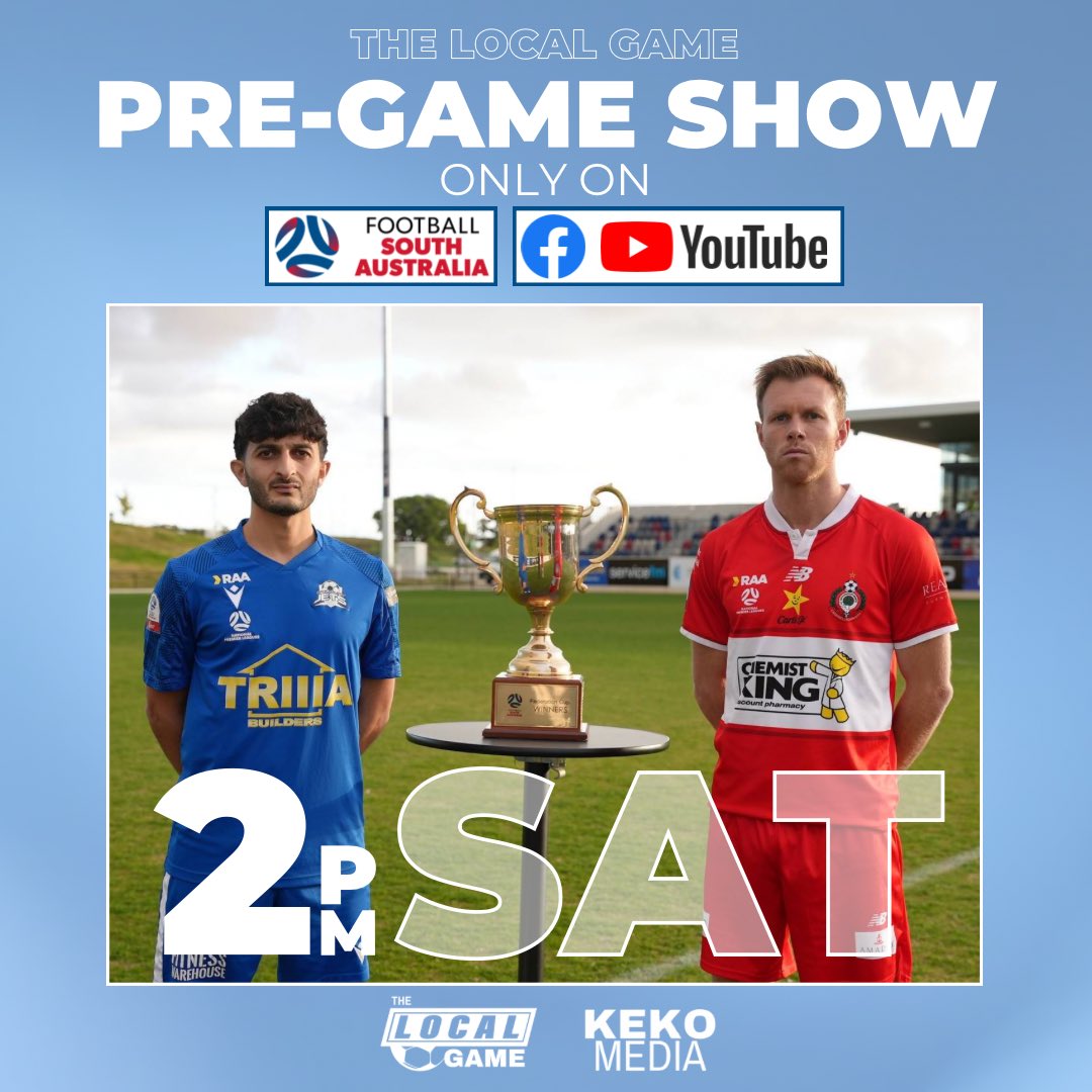 Tomorrow we will be joining forces with <a href="/FootballSouthAu/">Football South Australia</a> to bring you ‘𝕋𝕙𝕖 𝕃𝕠𝕔𝕒𝕝 𝔾𝕒𝕞𝕖 - ℙ𝕣𝕖-𝔾𝕒𝕞𝕖 𝕊𝕙𝕠𝕨’!
🏆⚽️📺

It all kicks off from 2pm with Johnny Keko &amp; Marc Talbot on Football SA’s Channels as we bring our flavour ahead of the Cup Final!