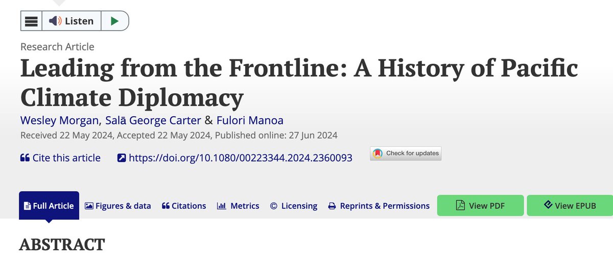 📚 🚨Publication alert! New article available now as open access in the Journal of Pacific History @journal_pacific. Co-authored with <a href="/georgejkcarter/">George Carter (Salā Dr George Carter)</a> &amp; <a href="/fulori_m/">Fulori</a>. We provide a comprehensive overview of Pacific leadership to tackle the climate crisis. 1/4 
tandfonline.com/doi/full/10.10…