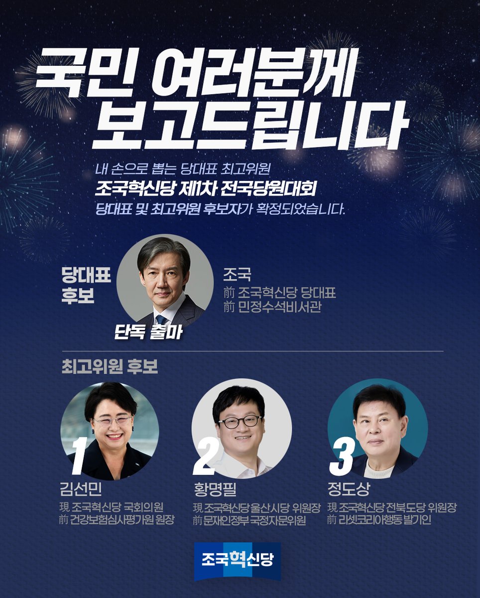 rebuilding_k's tweet photo. [국민여러분께 보고드립니다] 
조국혁신당 제1차 전국당원대회 
당대표 및 최고위원 후보자가 확정
●당대표 후보(단독출마) 
   조국
●최고위원 후보
 기호1번 김선민
 기호2번 황명필
 기호 3번 정도상 https://t.co/5Idac6Rce4
