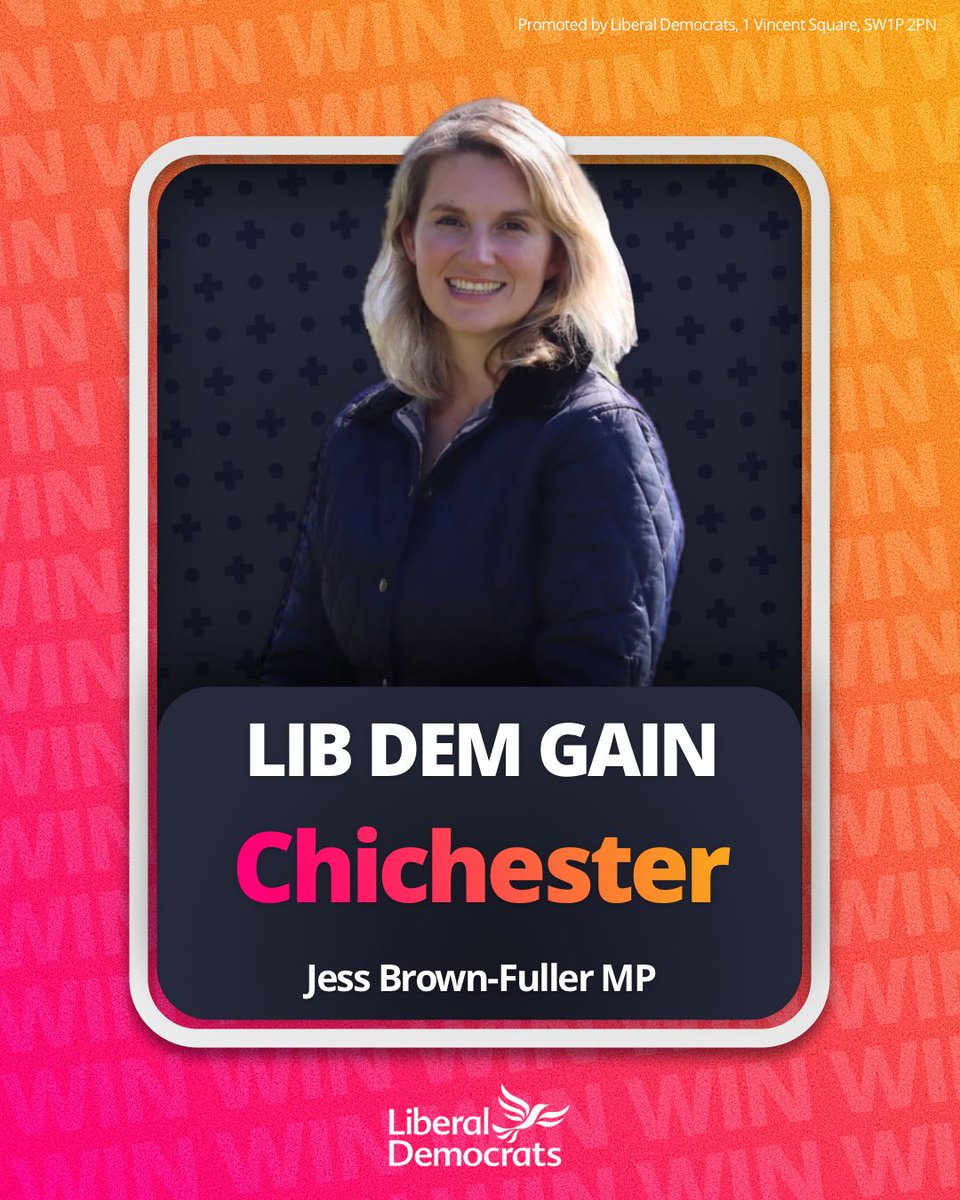 LibDems's tweet photo. 🔶 Liberal Democrats GAIN Chichester

Congratulations Jess Brown-Fuller MP https://t.co/UFPS1RC3aj
