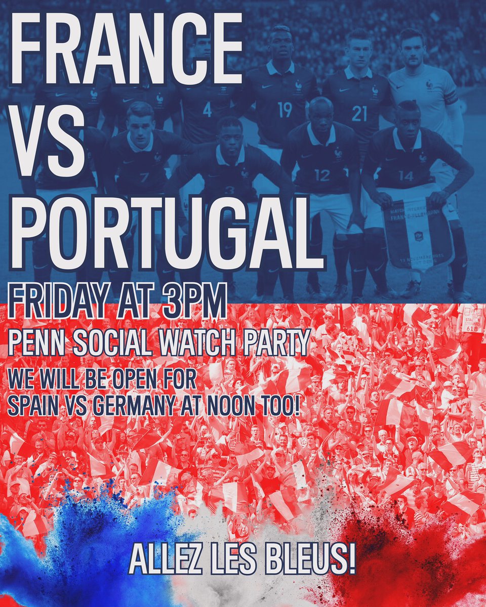 🇫🇷⚽️ Allez les Bleus! Join us tomorrow at Penn Social for the France vs Portugal watch party at 3 PM! We’ll also be open for Spain vs Germany at noon. Don’t miss out on the action! 🎉 #PennSocial #WatchParty #FranceVsPortugal #SpainVsGermany #DCEvents <a href="/ufewashingtondc/">UFE Washington</a>