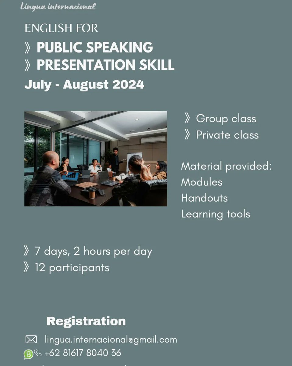 lingua_intl's tweet image. A program  for professionals for their public speaking skills in English. 
Who can join:
Office employees 
Entrepreneur
Business personalities

Click this link for registration.

wa.me/p/814732472532…

#English #englishcourse #englishclass