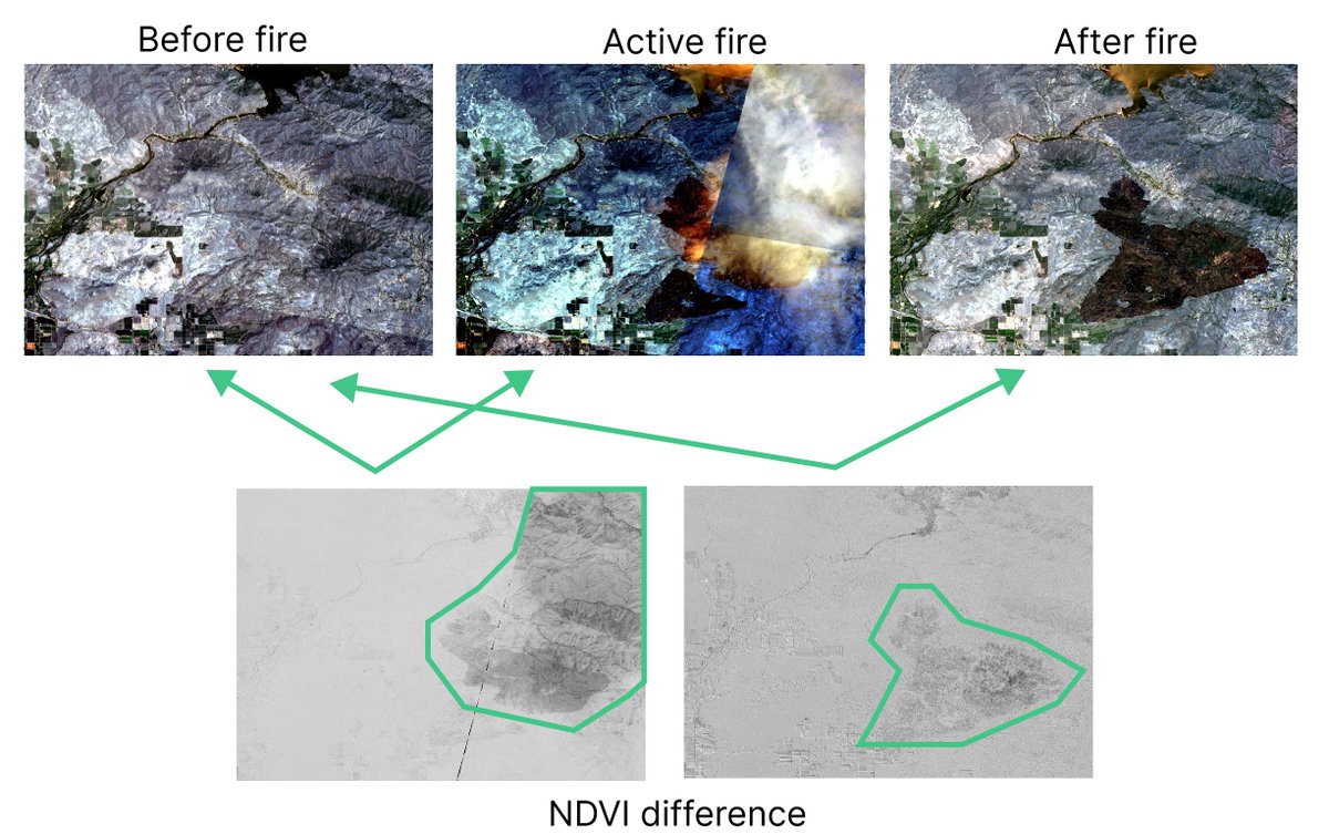 UCR_Raptor's tweet photo. On June 25,  multiple fires exploded east of the Sanger area due to lightning. Satellite images captured these active fires, and analyzing the NDVI difference can help predict the affected area. Data source @planet #wildfire #satellite #climate https://t.co/sLTM3E48I1