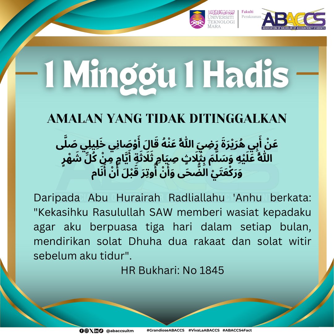Assalamualaikum W.B.T dan Salam Sejahtera🕌🌙

Pada hari yang barakah ini, kami ingin berkongsi satu hadis yang bertajuk 'Amalan Yang Tidak Ditinggalkan'.

Pesanan ikhlas daripada kami,  
EXCO KEROHANIAN DAN KEBAJIKAN 
ABACCs 2024

#GrandioseABACCS 
#VivaLaABACCS 
#ABACCS4Fact