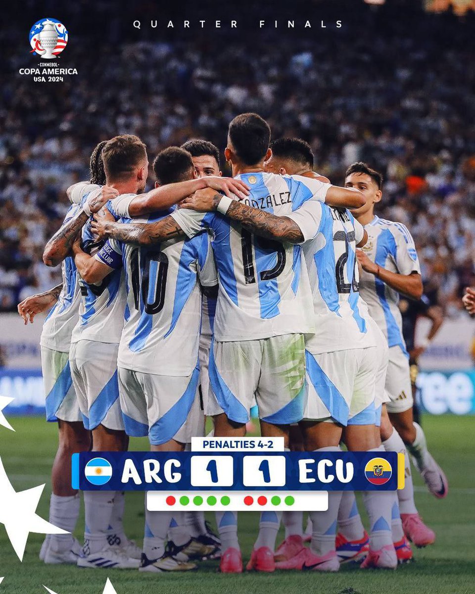blackscribblers's tweet photo. 🚨⚽️ | Argentina are through to the semi-finals of Copa América 2024 after a 4-2 penalty shootout win over Ecuador. 

🇦🇷 Argentina 1(4)-(2)1 Ecuador 🇪🇨

➡️ Argentina will face the winner of Venezuela vs. Canada https://t.co/UIYTzfx86m