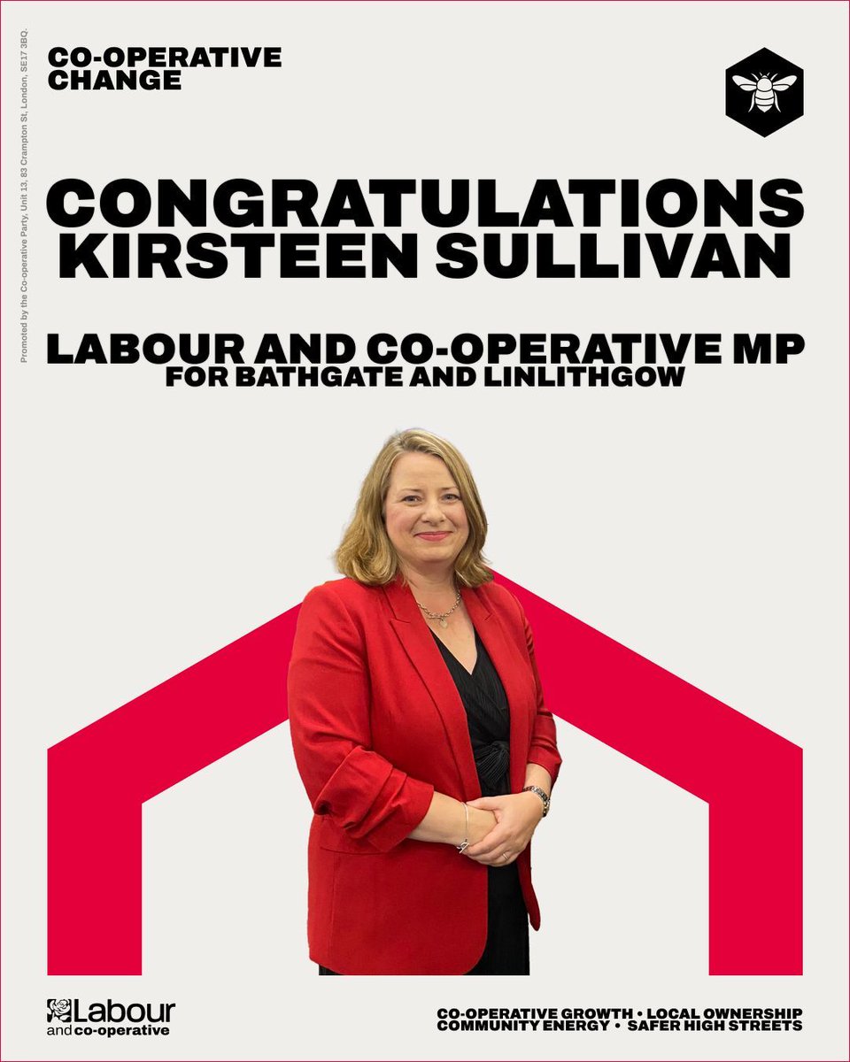 LABOUR AND CO-OPERATIVE GAIN IN BATHGATE AND LINLITHGOW! 🐝🌹

Congratulations to <a href="/kittysull1/">Kirsteen Sullivan MP</a> on being elected as the <a href="/UKLabour/">The Labour Party</a> &amp; <a href="/CoopParty/">Co-operative Party</a> MP for Bathgate and Linlithgow! #GE2024