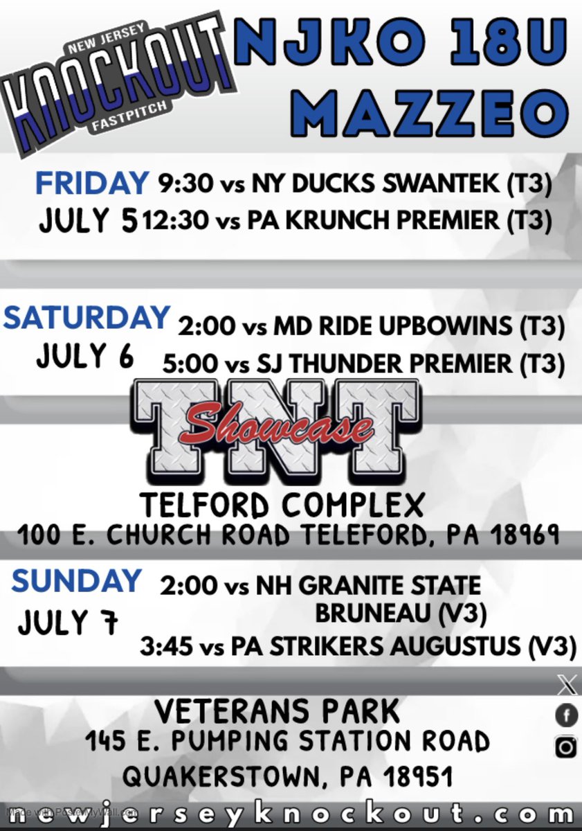 UP NEXT: TNT Showcase in PA! All games on Friday 7/5 and Saturday 7/6 are taking place at the Telford complex. Sundays games are being played at Veterans Park in Quakerstown, PA! Follow the live stream if you can’t make it out! #njkofam #startunknown #finishunforgettable
