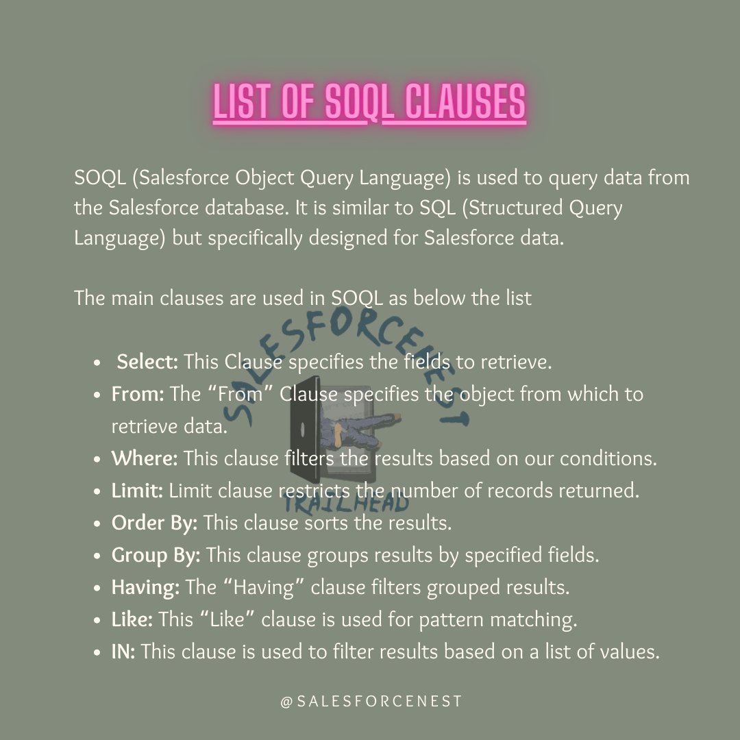shivayadav2322's tweet image. Master SOQL Clauses in #Salesforce

Boost your querying skills with these SOQL clauses:
SELECT, FROM, WHERE, LIMIT, ORDER BY, GROUP BY, HAVING, LIKE and IN.

#SalesforceNest #SOQL #DataQuery #CRM #SalesforceTips #Tech #CloudComputing #DataManagement #SalesforceDev #AdminLife