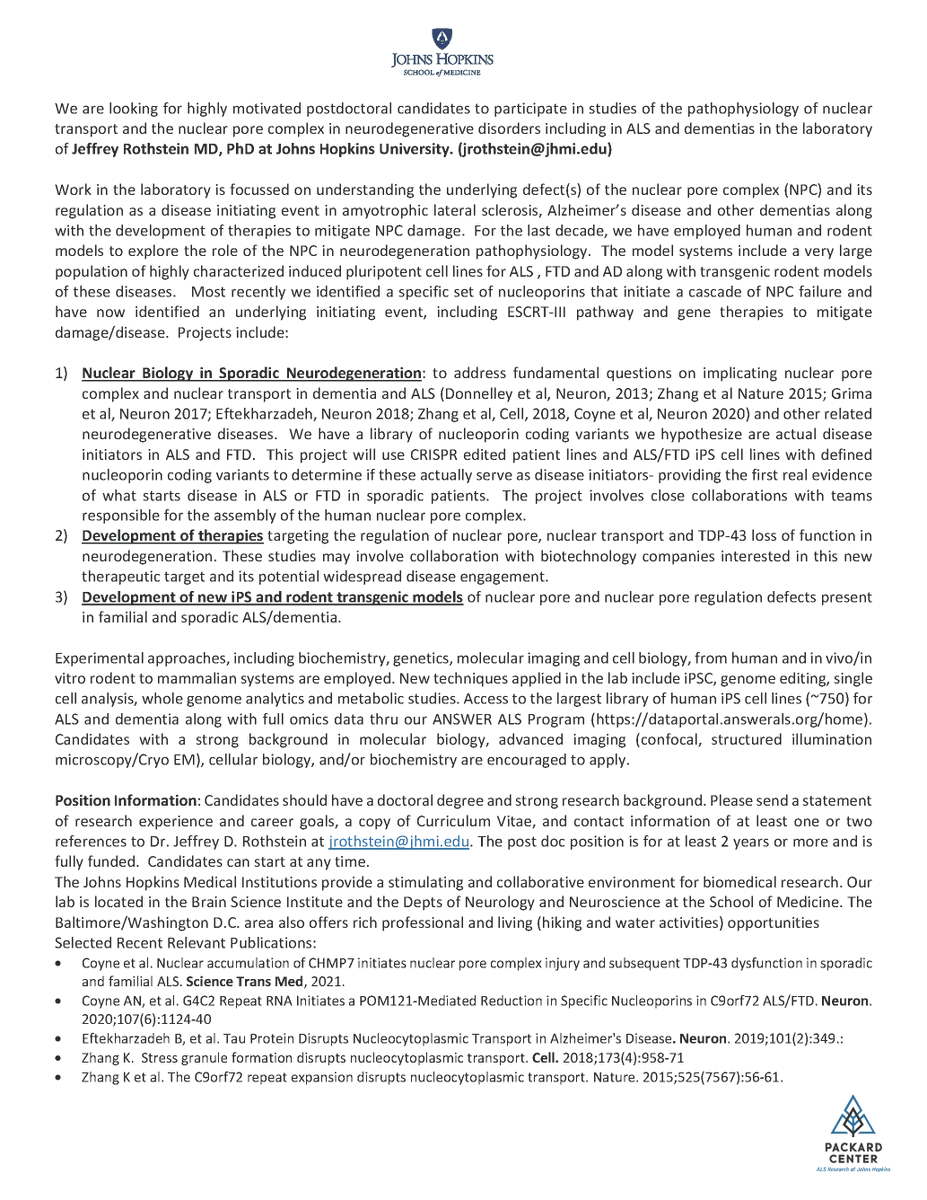 Rothstein Lab (@rothstein_lab) on Twitter photo The Rothstein lab is seeking postdoctoral candidates!
Please see the attached document for more information and direct all your inquiries to the email address below. Please RT! The Rothstein lab is seeking postdoctoral candidates!
Please see the attached document for more information and direct all your inquiries to the email address below. Please RT!