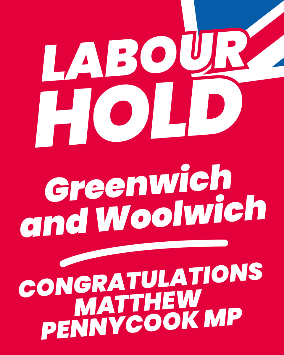 Labour HOLD Greenwich and Woolwich. Congratulations <a href="/mtpennycook/">Matthew Pennycook MP</a> 🌹