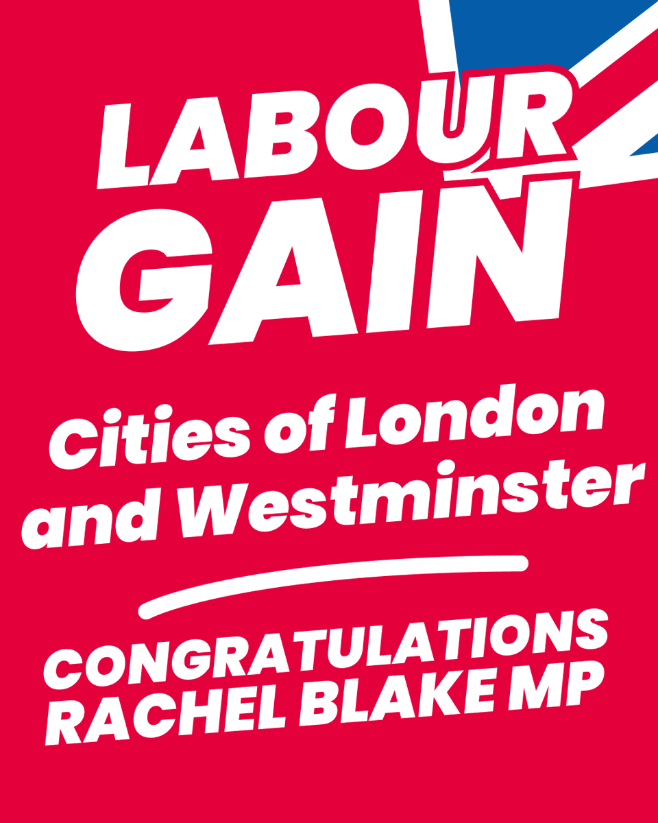 LondonLabour's tweet photo. Labour GAIN Cities of London and Westminster from the Conservatives. Congratulations @RNBlake 🌹 https://t.co/SSsP8rJub5