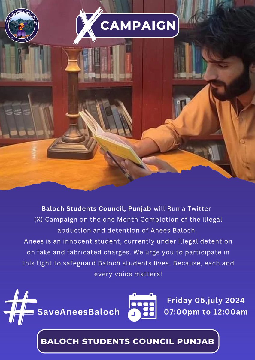 Rustumbaloch71's tweet photo. Baloch Students Council, Punjab will Run a Twitter (X) Campaign on the one Month Completion of the illegal abduction and detention of Anees Baloch. 
Anees is an innocent student, currently under illegal detention on fake and fabricated charges. https://t.co/0sgxhLMMFt
