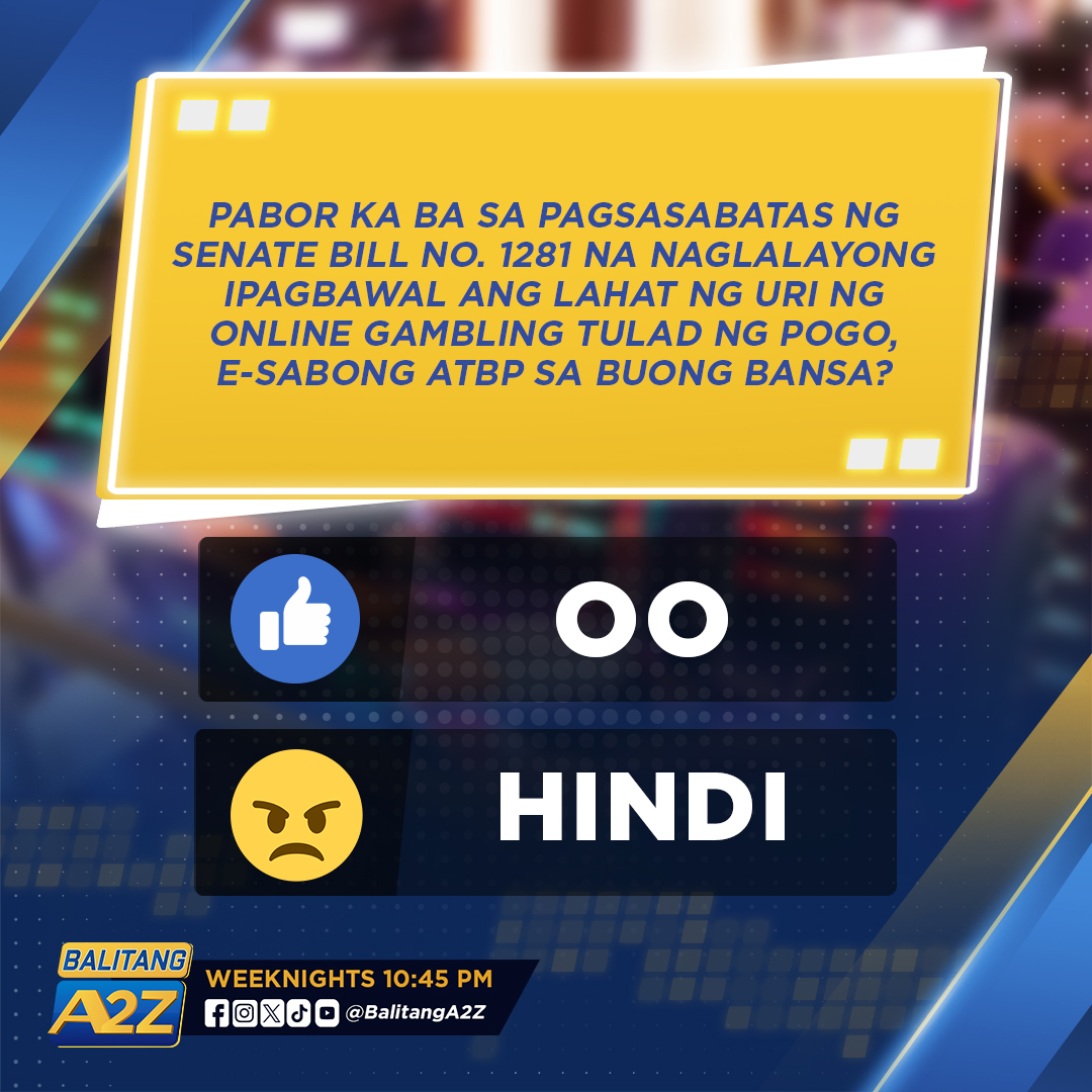 balitangA2Z's tweet photo. Muling iginiit ni Senator Joel Villanueva ang pagsasabatas ng Senate Bill No. 1281 na naglalayong ipagbawal ang lahat ng uri ng online gambling tulad ng Philippine Offshore Gaming Operators (POGOs), e-sabong atbp. sa buong bansa. Pabor ka rin ba rito? https://t.co/6NlbWHc3bQ