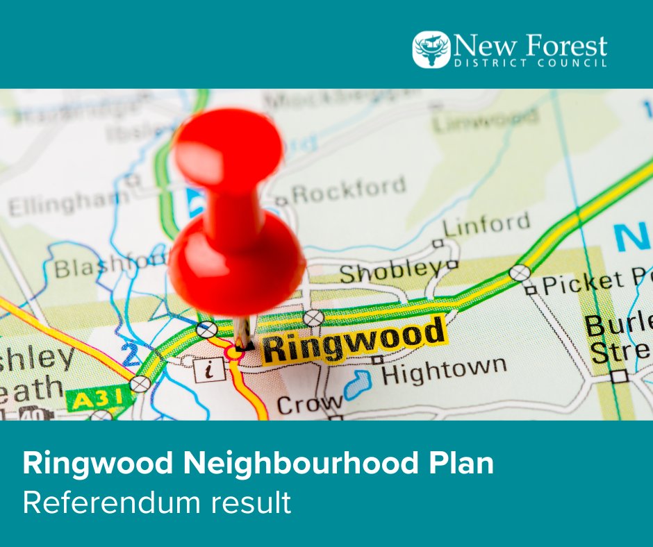 Ringwood Neighbourhood Plan referendum results:

83% of the ballots cast voted ‘Yes’ (on a turn out of 58.93%).

Members of the Council will now be asked to formally adopt this at their next Council meeting on Monday 8 July.

Find out more: newforest.gov.uk/ringwoodplan