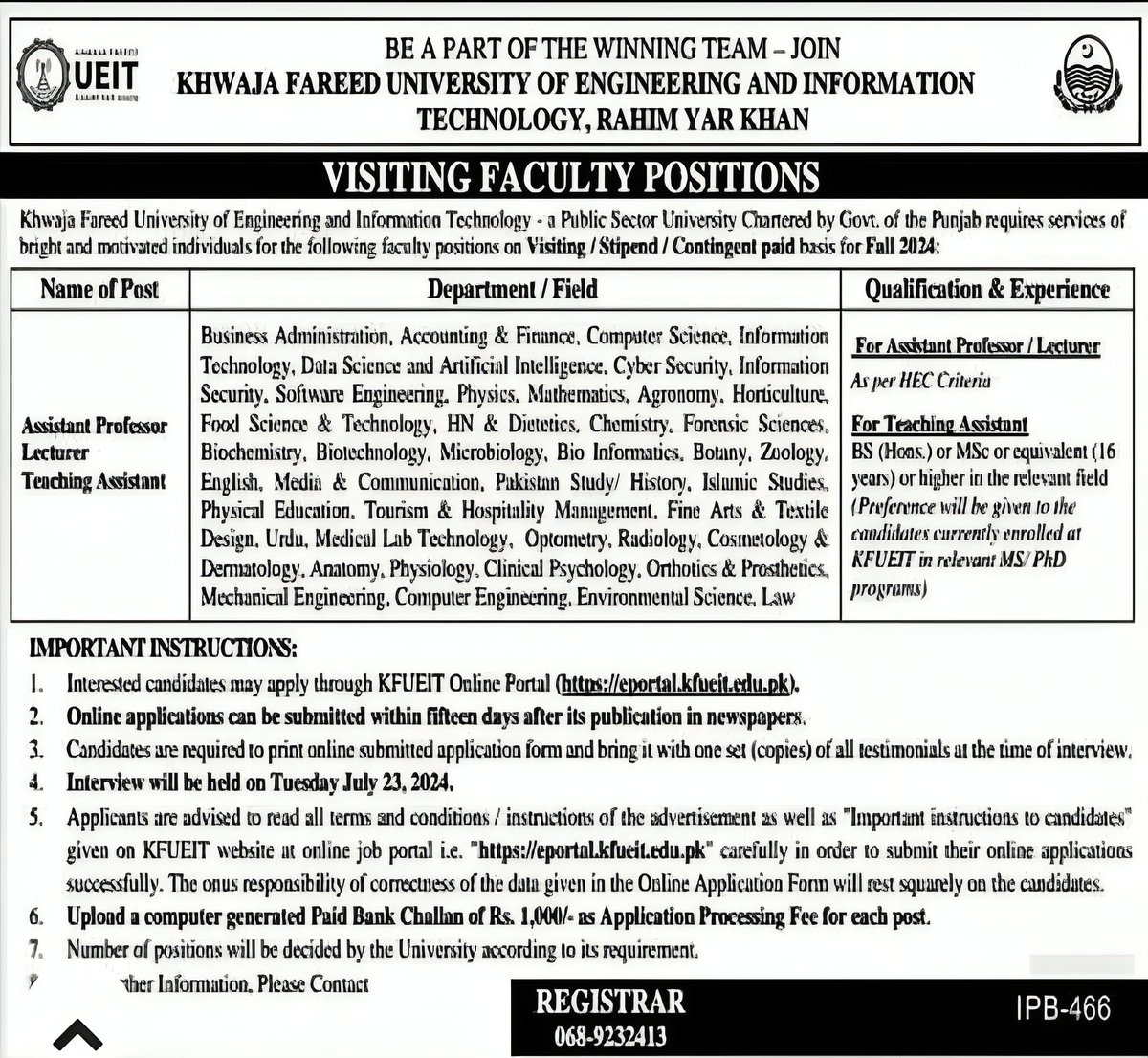 DrZahidShar's tweet image. Job alert
Khawaja Fareed University of Engineering and Information Technology in Rahim Yar Khan is currently accepting applications for various teaching positions including lecturer, assistant professor, and teaching assistants. 
#JobAlert #TeachingPositions #KhawajaFareedUnivers