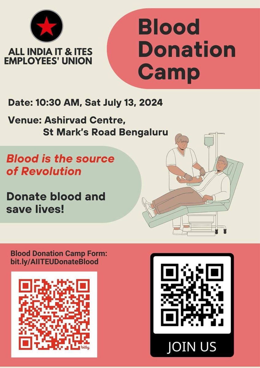 Join us for a life-saving endeavour at the <a href="/aiiteu/">AIITEU</a> #BloodDonation camp 
on Sat, July 13, 2024.
Venue: Ashirvad Centre, St. Mark’s Road, Bengaluru.
Fuel the revolution of compassion. Be the spark that ignites hope. 
Be a hero, saving lives one drop at a time!

#DonateOrShare