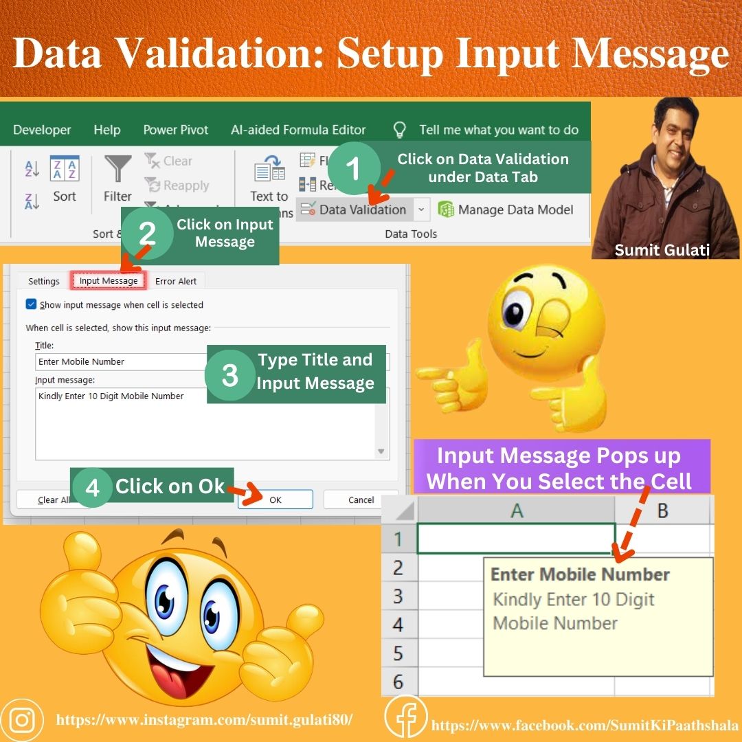 sumitgulati800's tweet photo. Data Validation: Setup Input Message #exceltips #teamfinexcelacademy #excel #advanceexcel #sumitgulati #excelformulas #sumitkipaathshala #exceltutorials #tutorials #TwitterTips #finexcelacademy #microsoft  
For More Excel tips follow @sumitgulati800 https://t.co/2oRj5UYysA