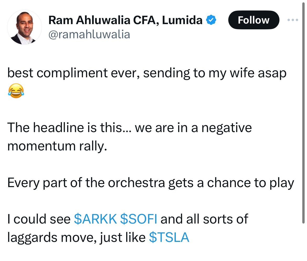 Uber-Bear <a href="/ramahluwalia/">Ram Ahluwalia CFA, Lumida</a> has flipped  and says that $SOFI will move up. Idk what to make of this, whether it’s a bullish or bearish sign. 😅